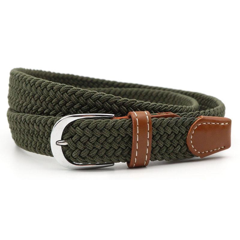 Hole-free elastic belt with metal buckle and woven design - army green