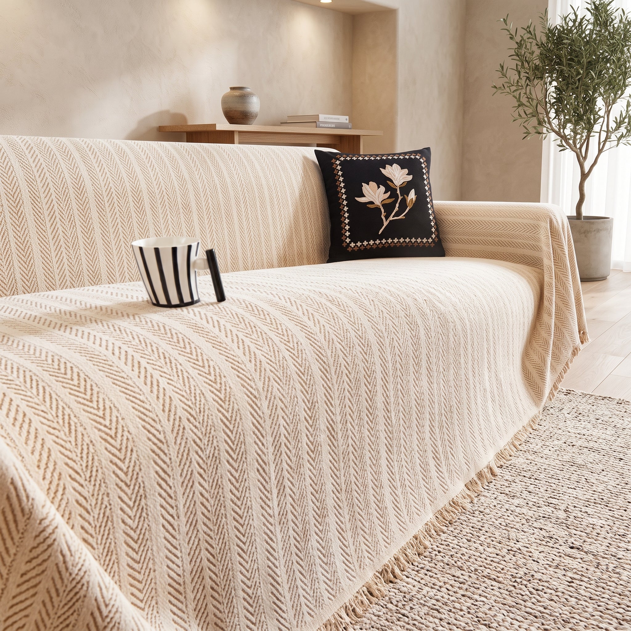 Sofa Cover With Herringbone Pattern and Fringe - beige