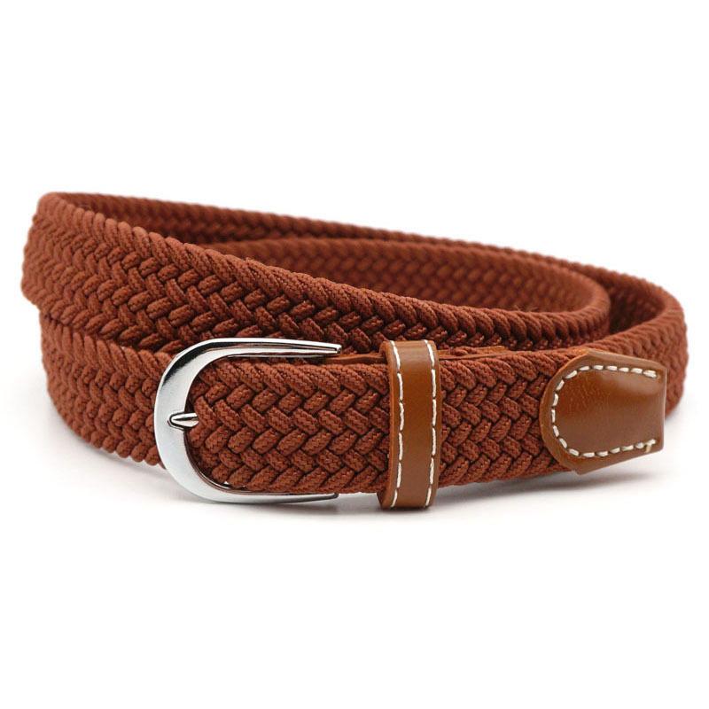 Hole-free elastic belt with metal buckle and woven design - brown