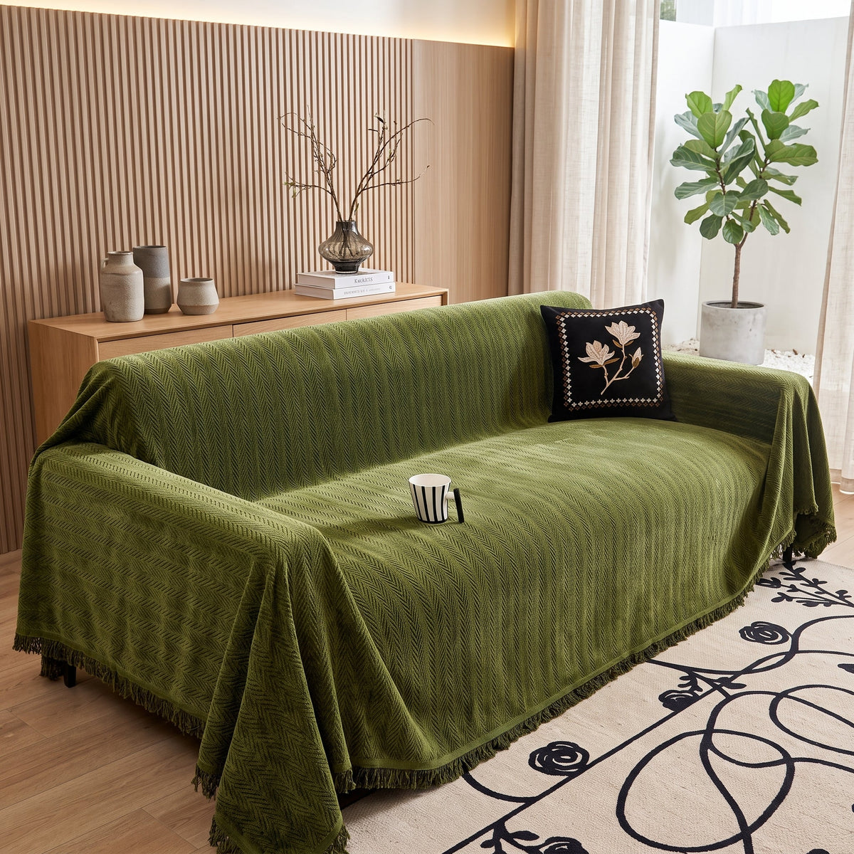 Sofa Cover With Herringbone Pattern and Fringe - green