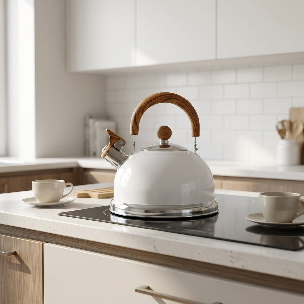 Whistling Kettle with Ergonomic Handle and Induction Base - white