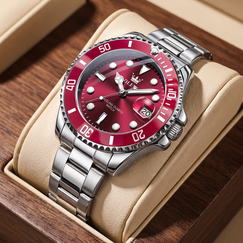 Stainless steel quartz date dress watch for men - silver red