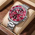 Stainless steel quartz date dress watch for men - silver red