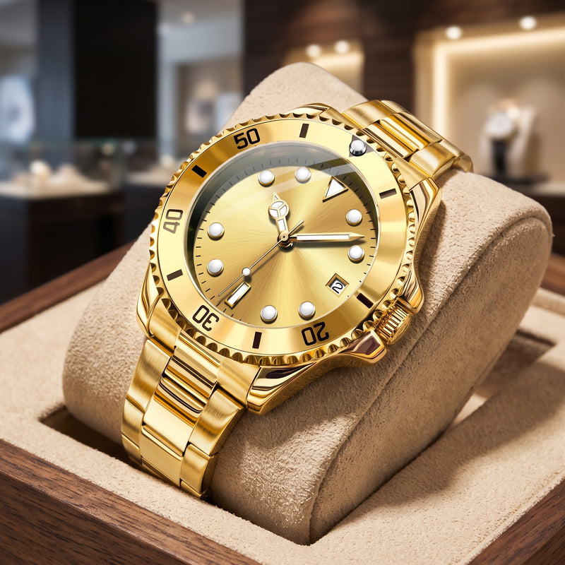 Stainless steel quartz date dress watch for men - whole yellow