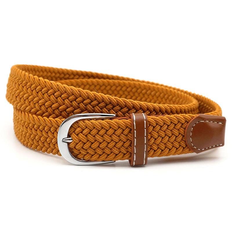 Hole-free elastic belt with metal buckle and woven design - camel