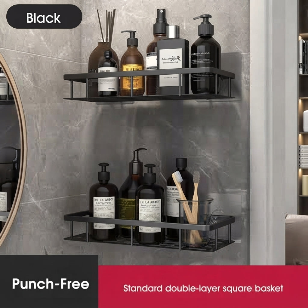 Shower Shelf For Bathroom Corner With Adhesive Fitting - black