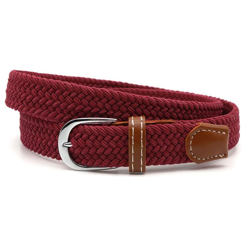 Hole-free elastic belt with metal buckle and woven design - wine black