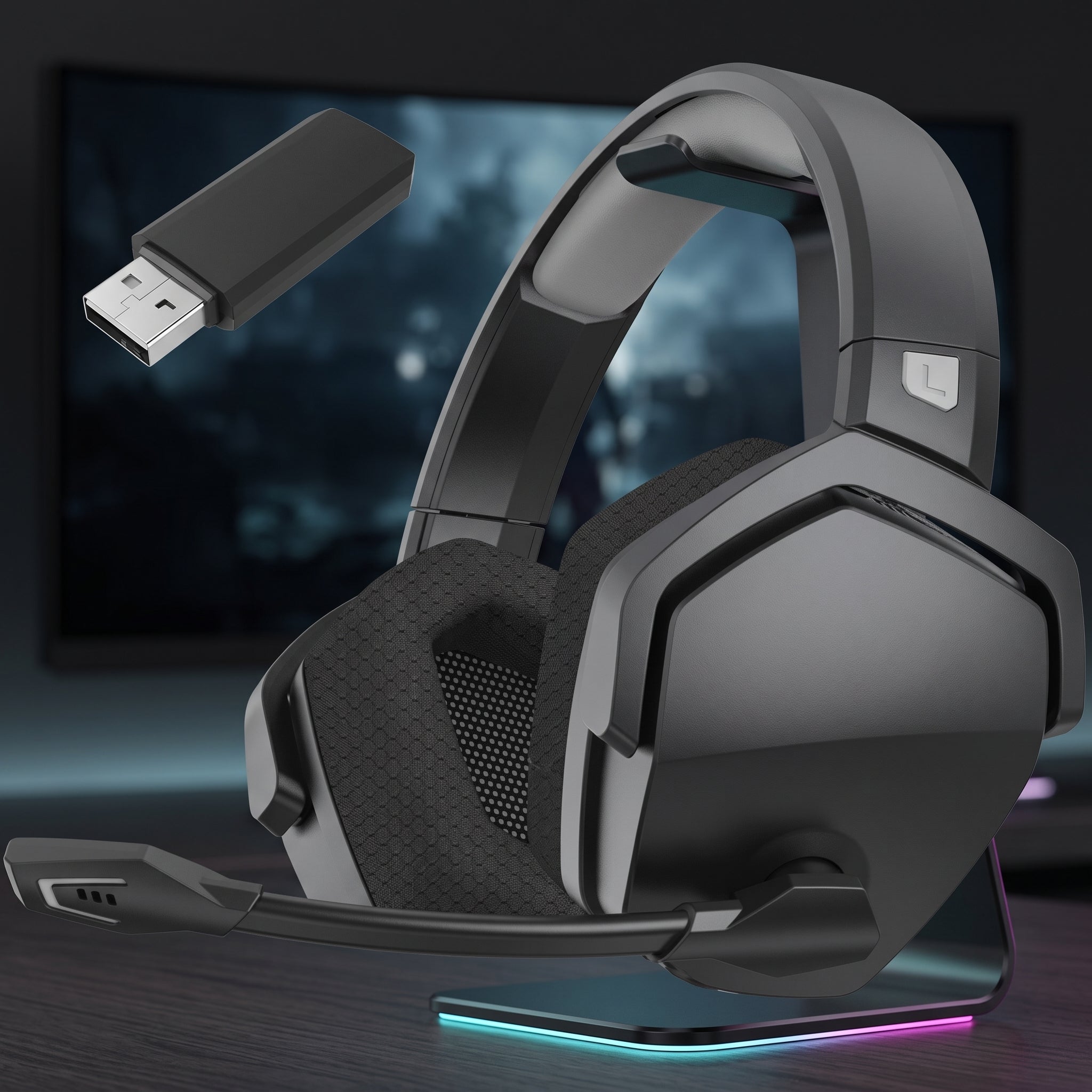 Wireless gaming headset with microphone and noise cancellation - gray black