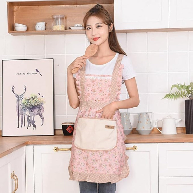 Kitchen Apron With Floral Design and Pocket