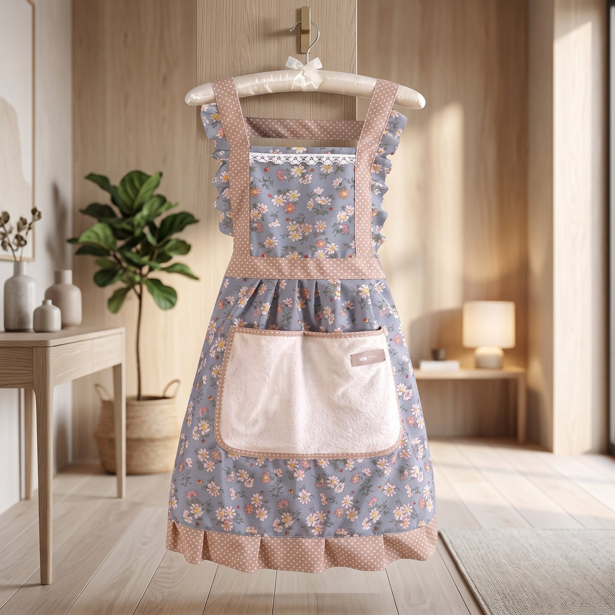 Kitchen Apron With Floral Design and Pocket - blue