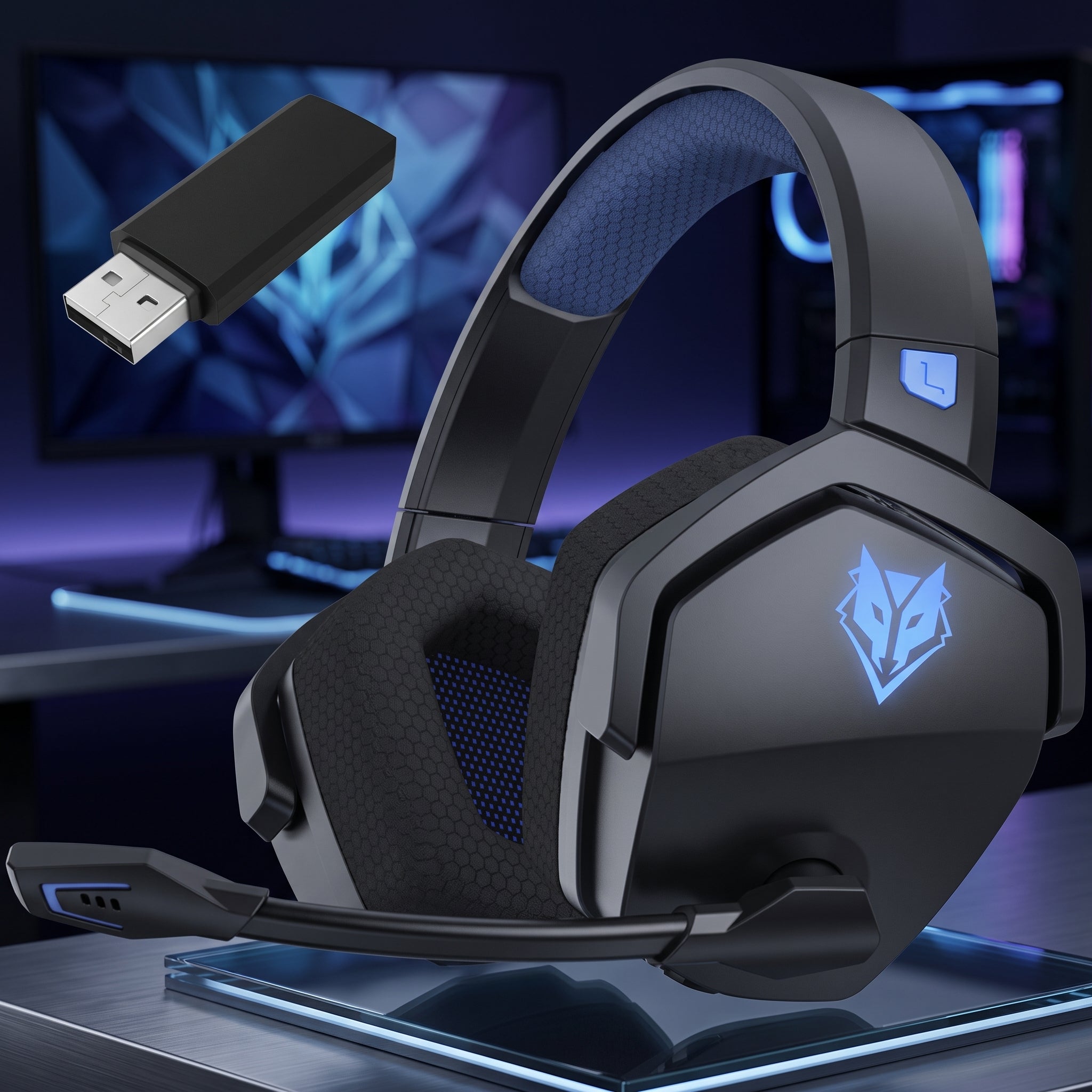 Wireless gaming headset with microphone and noise cancellation - blue