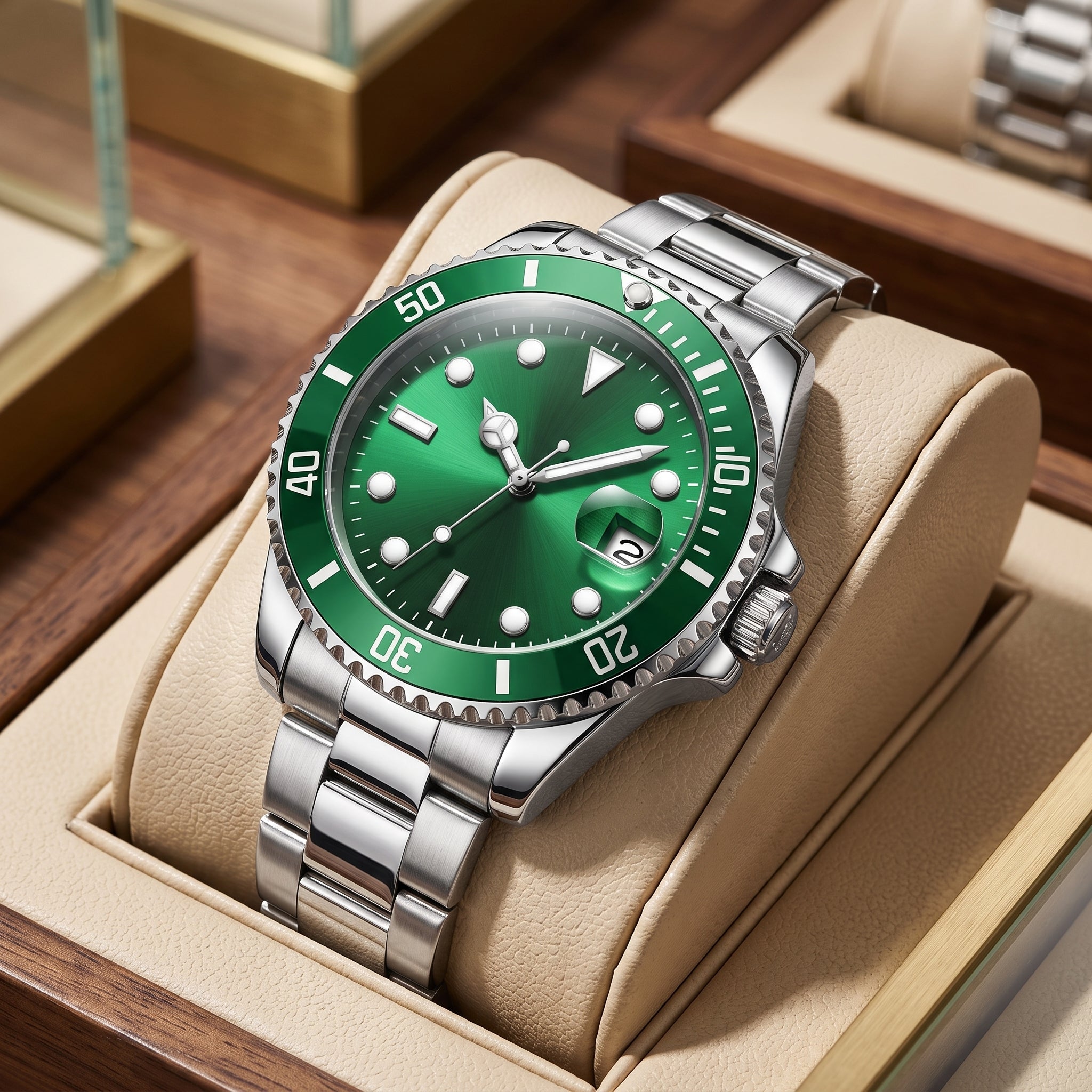 Stainless steel quartz date dress watch for men - silver green