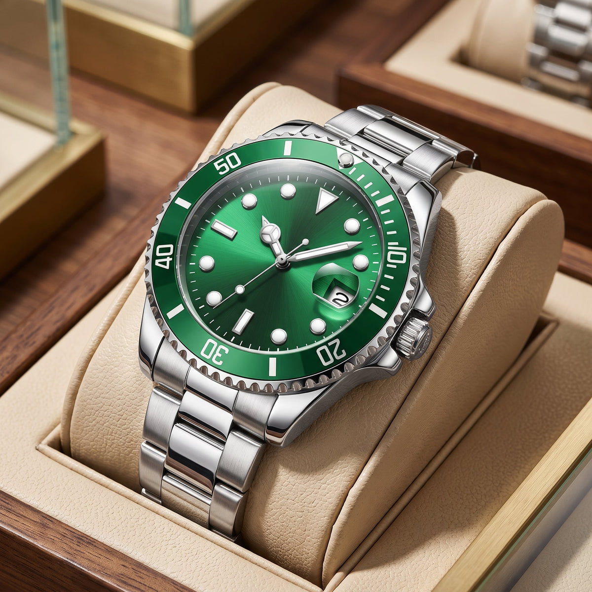 Stainless steel quartz date dress watch for men - silver green