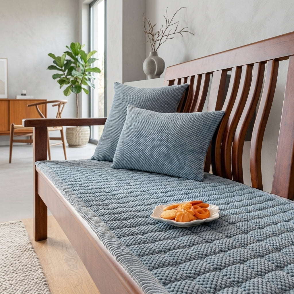 Sofa Protector with Quilted Ribbed Design and Velvet Finish - cloud blue