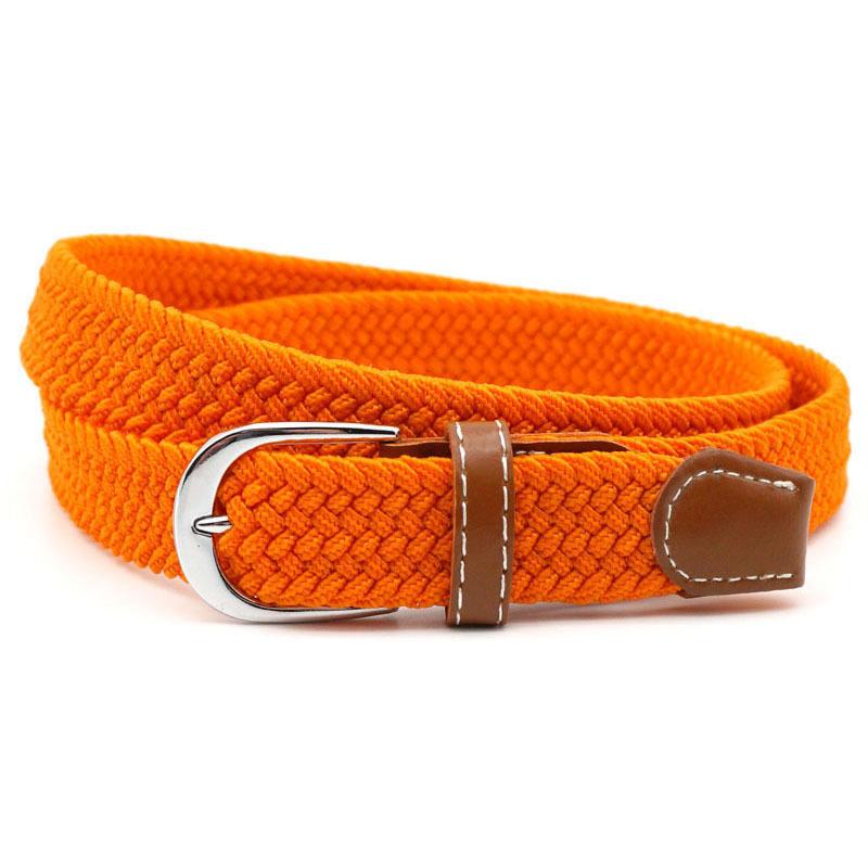 Hole-free elastic belt with metal buckle and woven design - orange