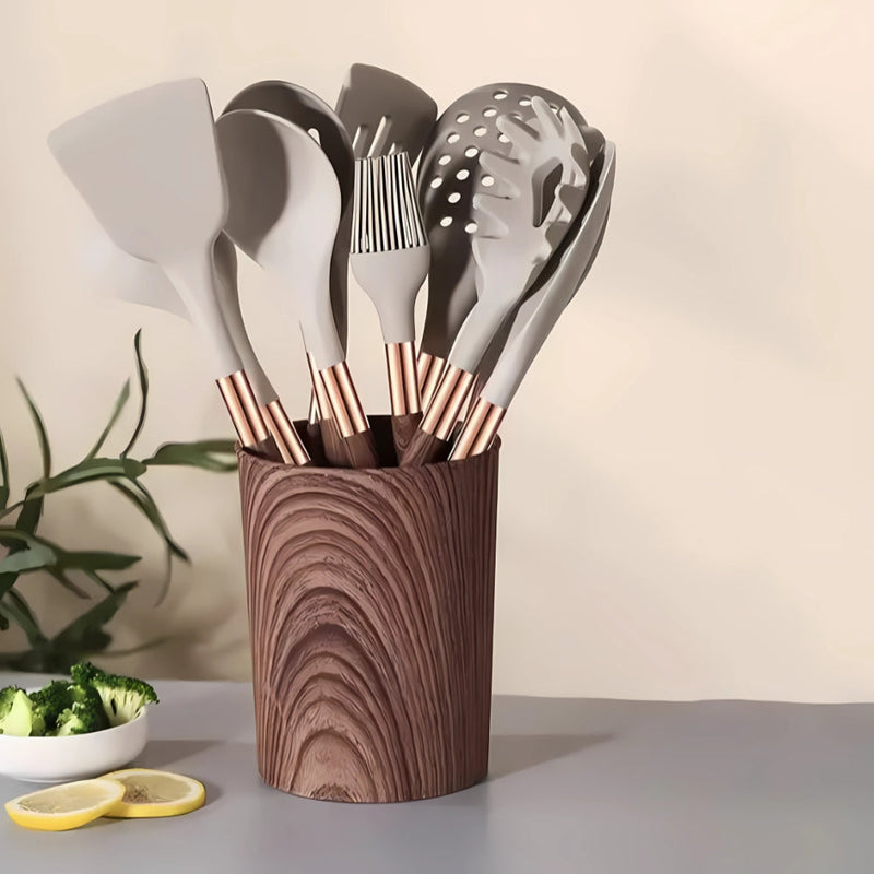 Kitchen Utensil Set With Silicone Heads Wooden Handles