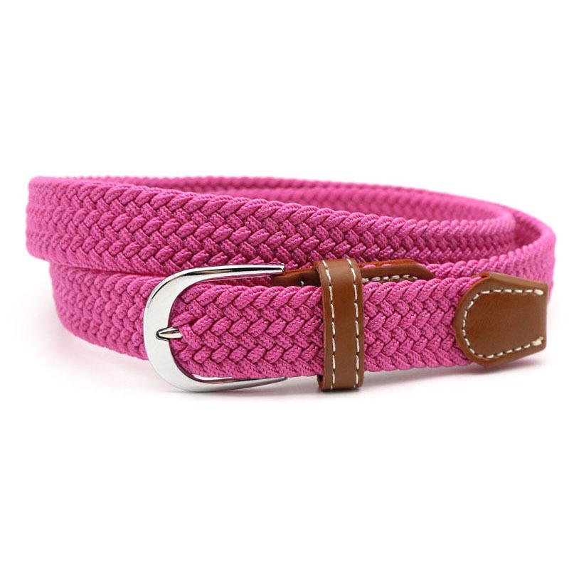 Hole-free elastic belt with metal buckle and woven design - rose red