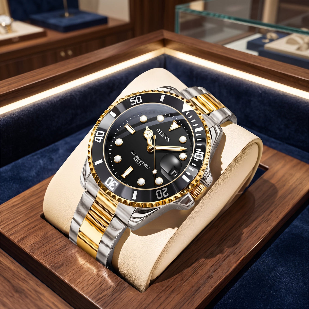 Stainless steel quartz date dress watch for men - gold black