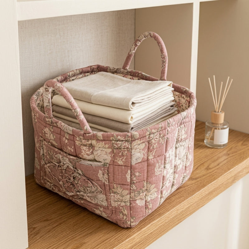 Storage Basket with Floral Pattern and Cotton Handles - willow