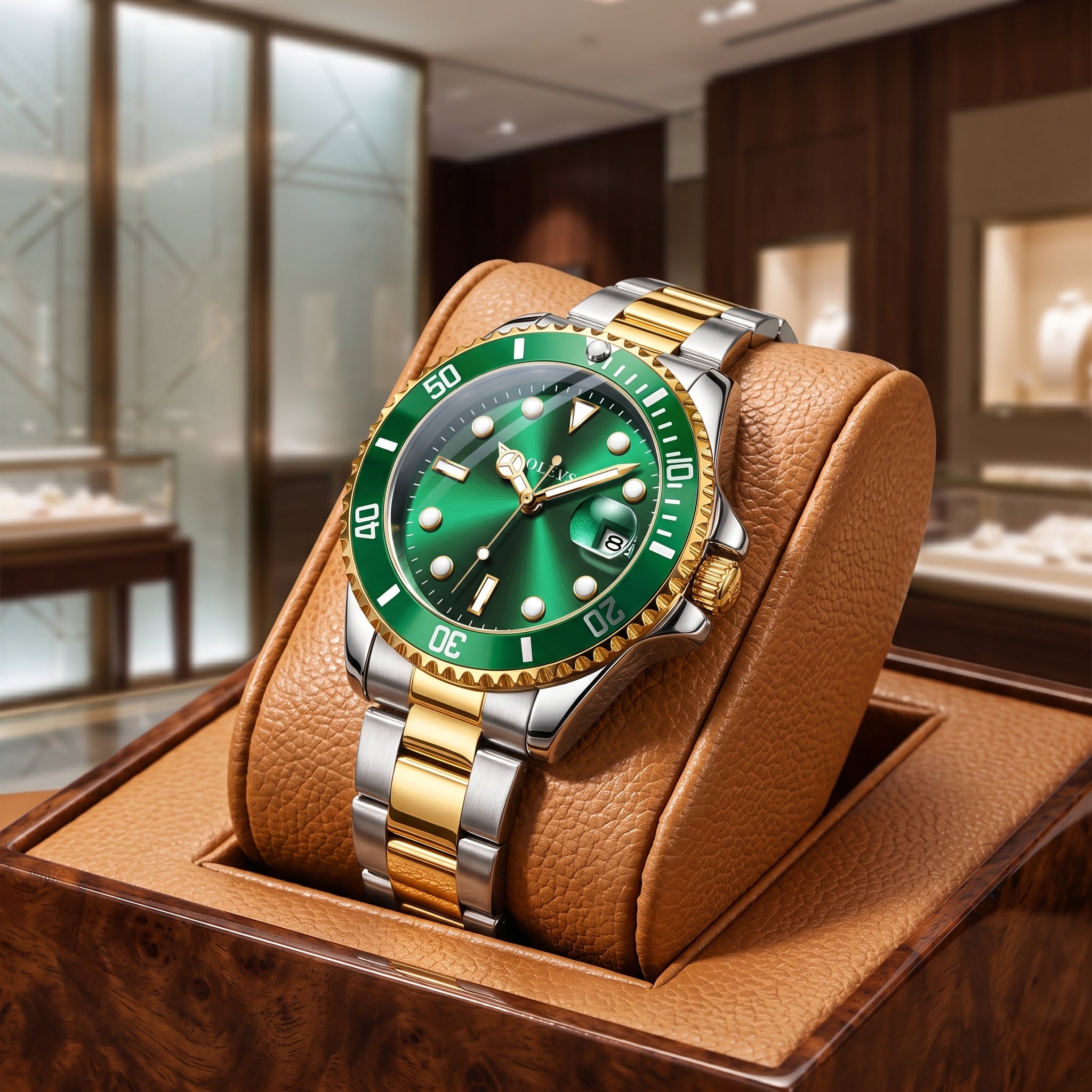 Stainless steel quartz date dress watch for men - gold green