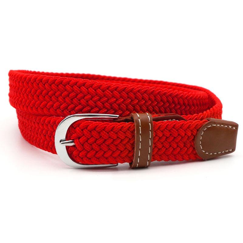 Hole-free elastic belt with metal buckle and woven design - red