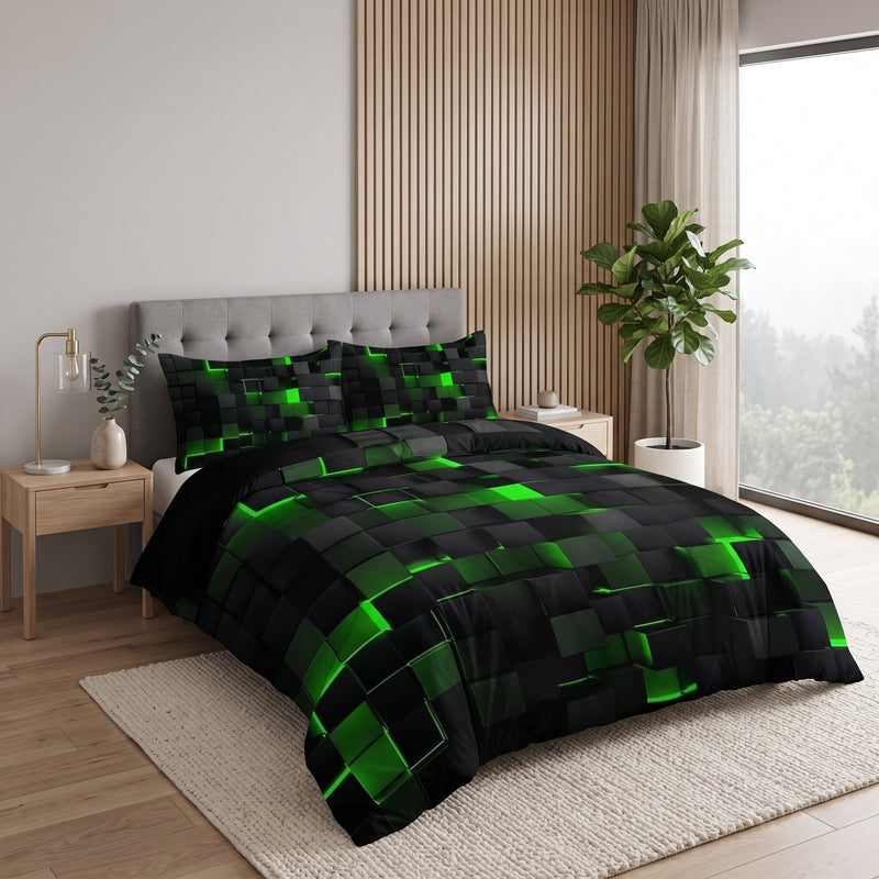 Bedding set with geometric duvet cover and pillowcases - green