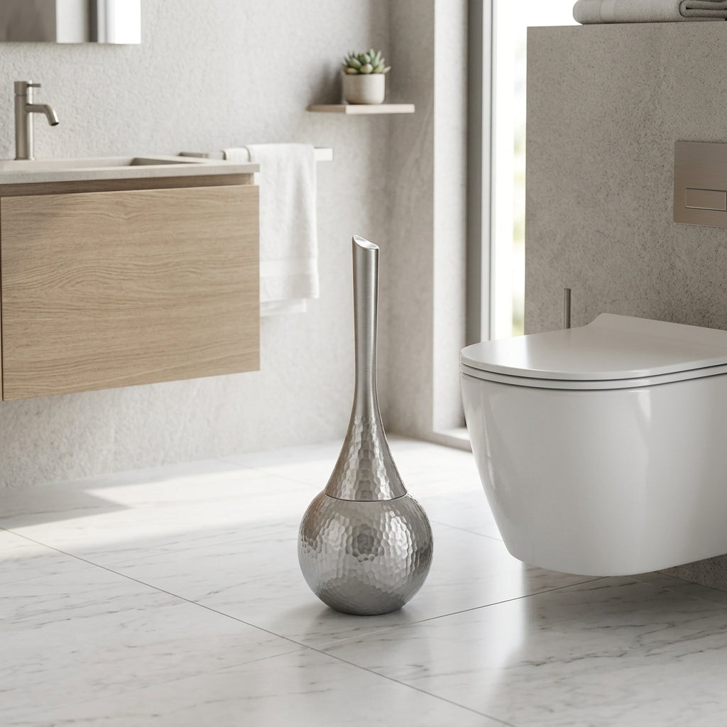 Toilet brush holder with long handle for bathroom - sterling silver