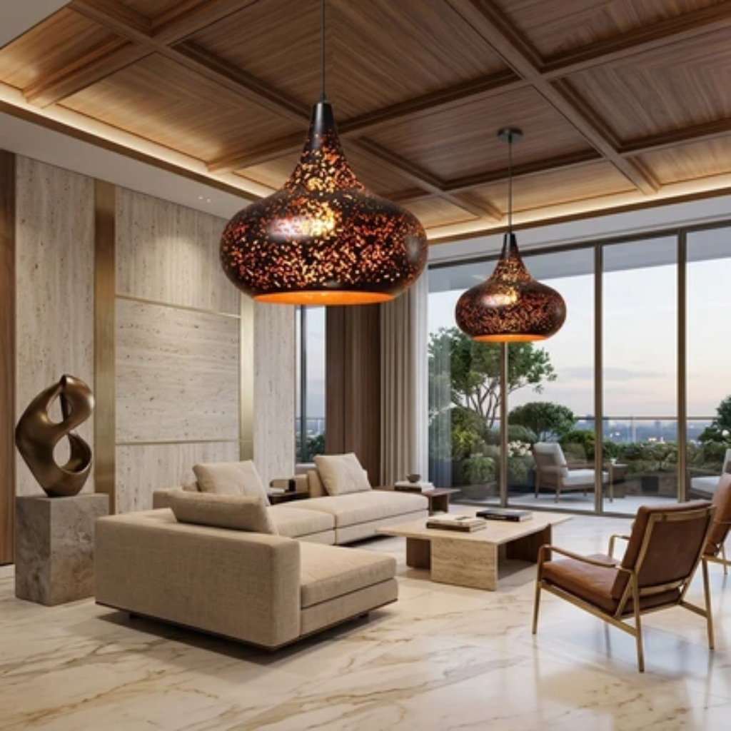 Pendant light fixture with perforated iron shade