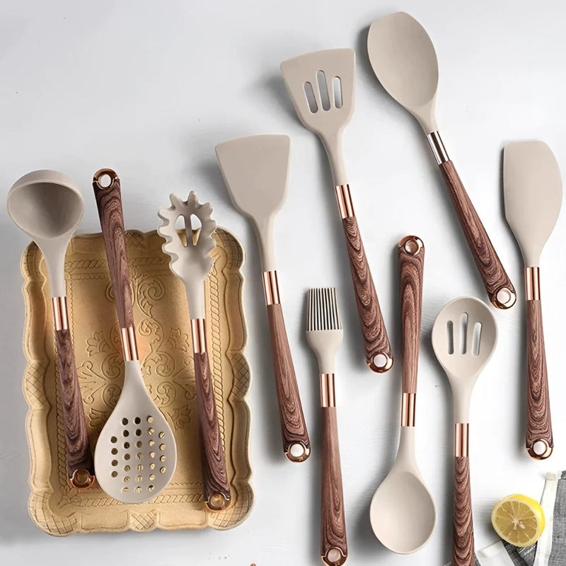 Kitchen Utensil Set With Silicone Heads Wooden Handles