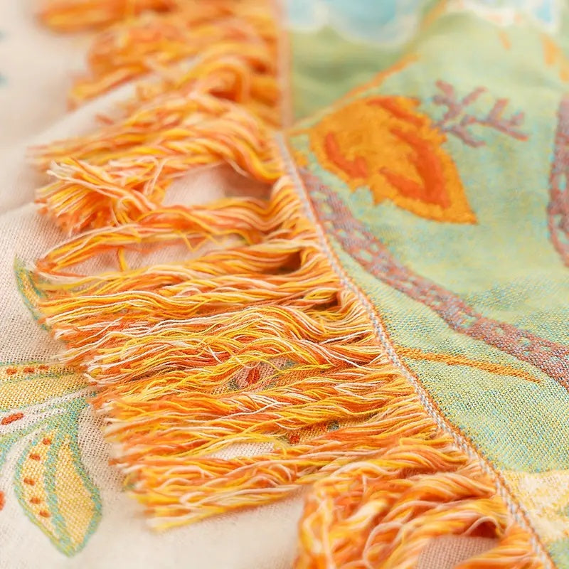 Throw Blanket with Floral Jacquard Fringed Edges