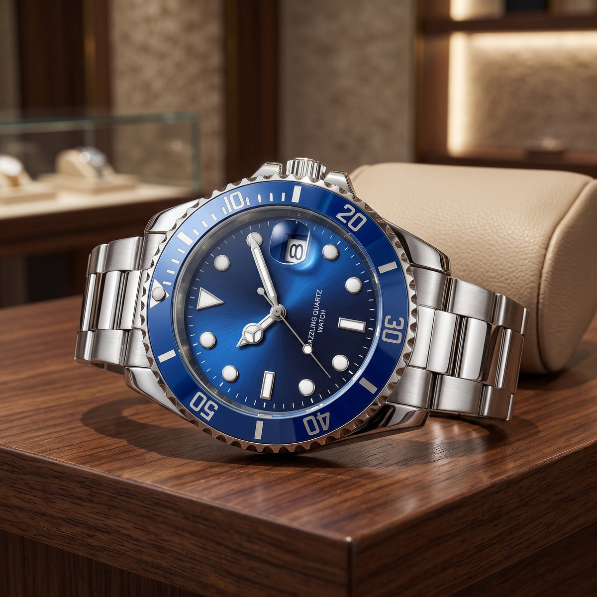 Stainless steel quartz date dress watch for men - silver blue