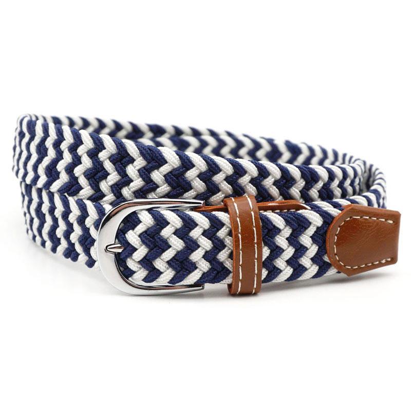 Hole-free elastic belt with metal buckle and woven design - blue + white