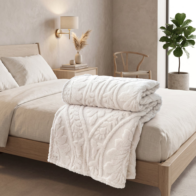 Jacquard Throw Blanket with Woven Pattern - ivory cloud