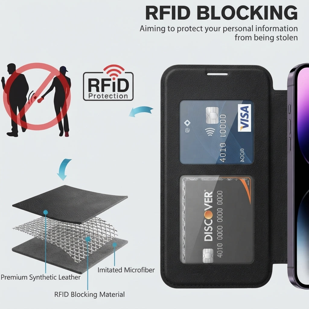 Magnetic leather flip phone case with RFID blocking