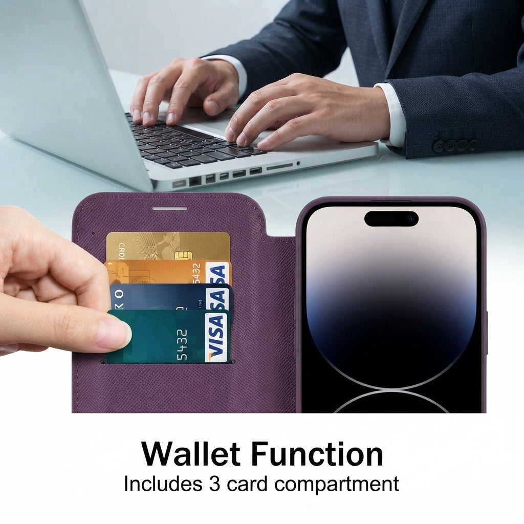 Magnetic leather flip phone case with RFID blocking