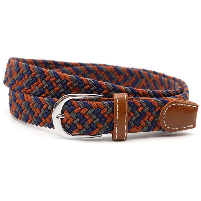Hole-free elastic belt with metal buckle and woven design - blue gray brown
