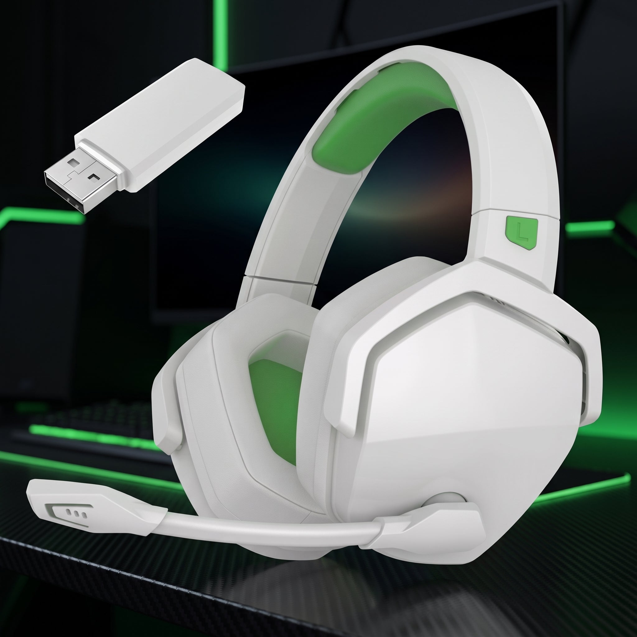 Wireless gaming headset with microphone and noise cancellation - white green