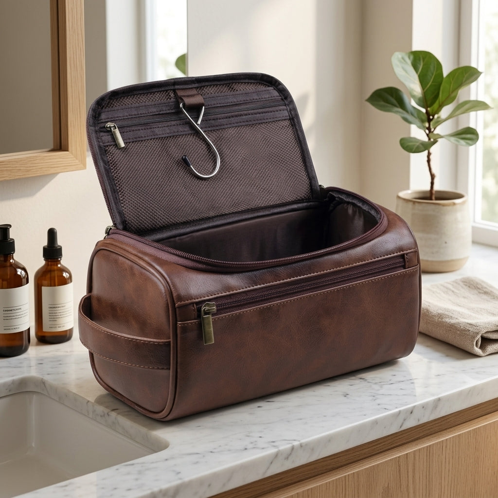 Compact Travel Cosmetic Bag with Multiple Compartments and Hanging Hook - dark brown