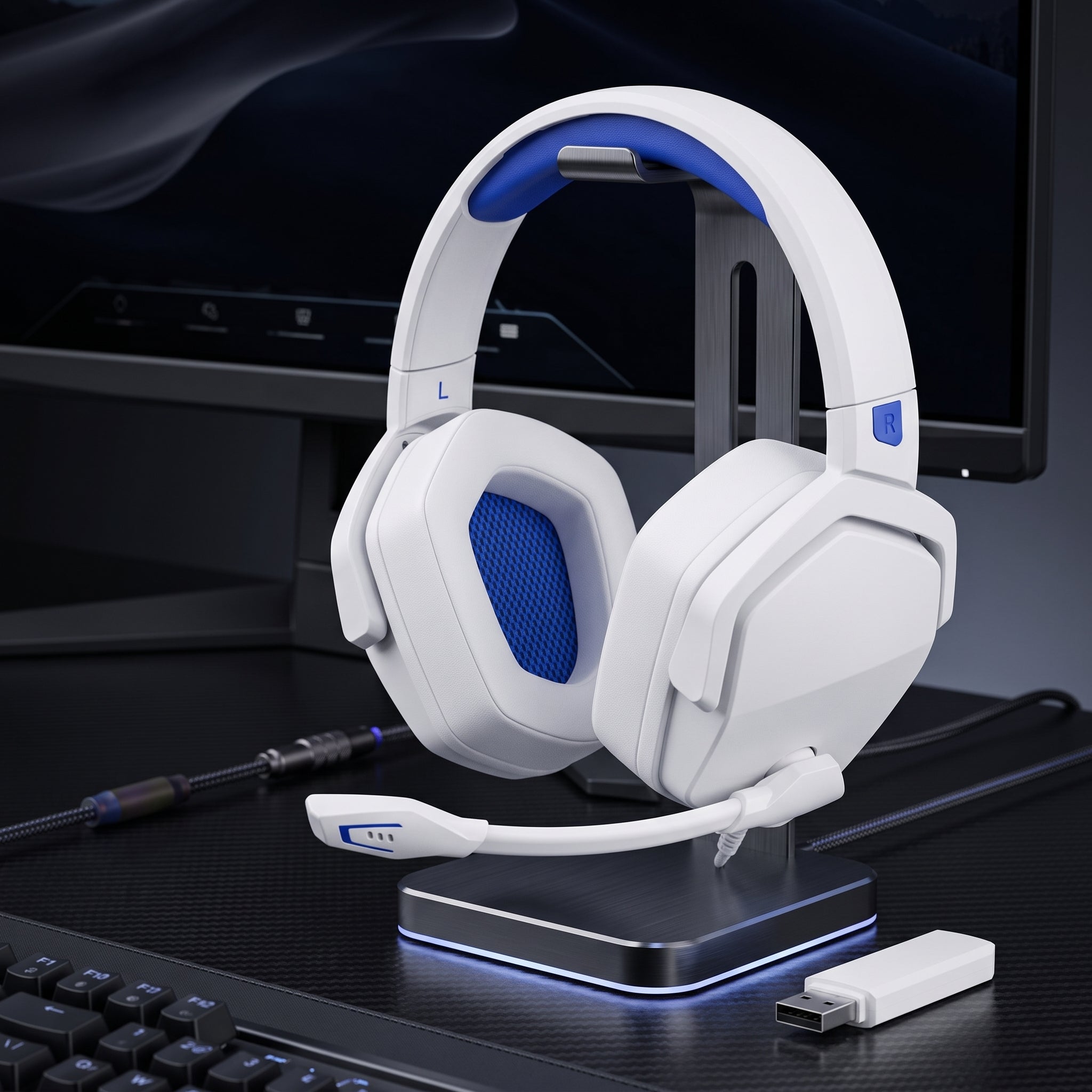 Wireless gaming headset with microphone and noise cancellation - white blue