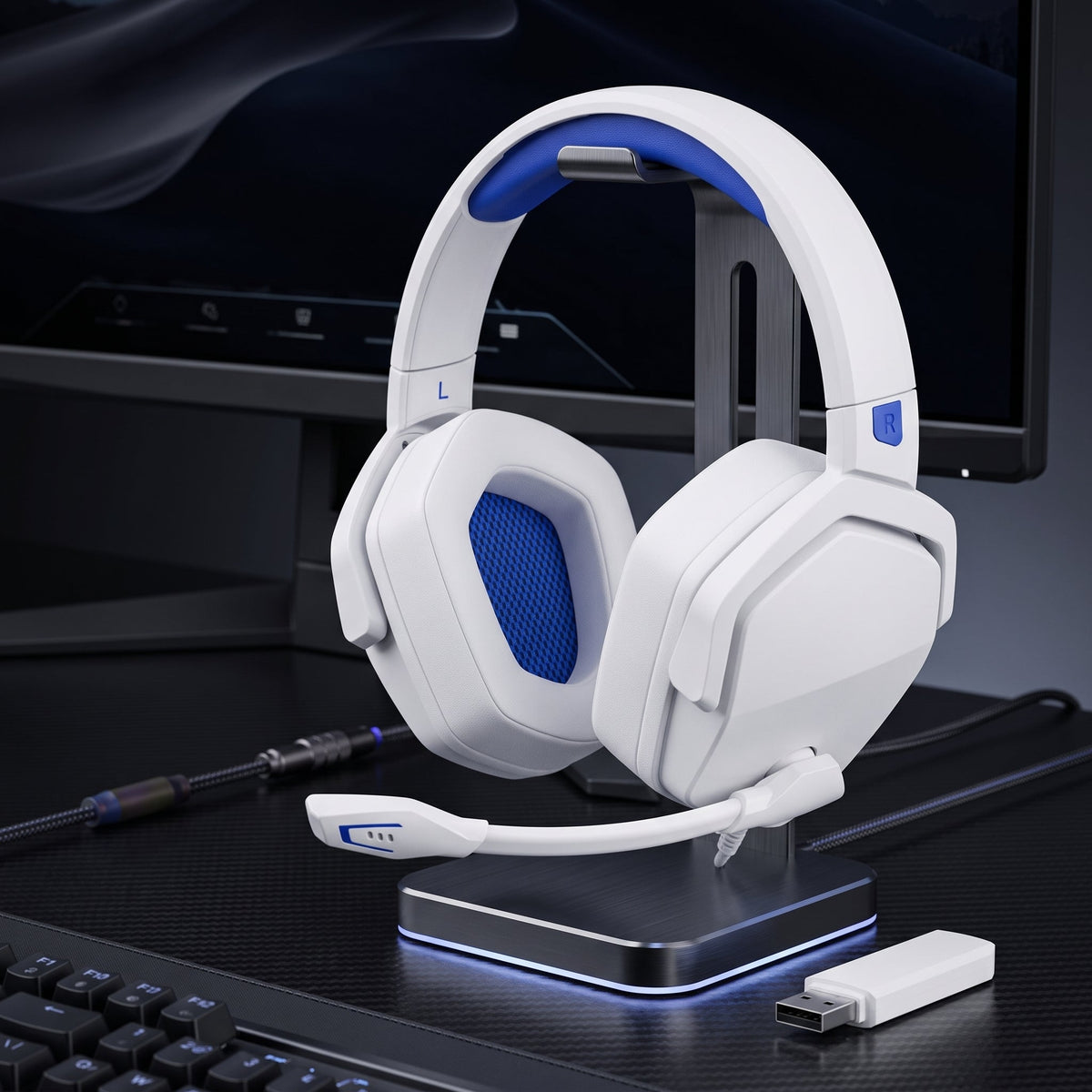 Wireless gaming headset with microphone and noise cancellation - white blue