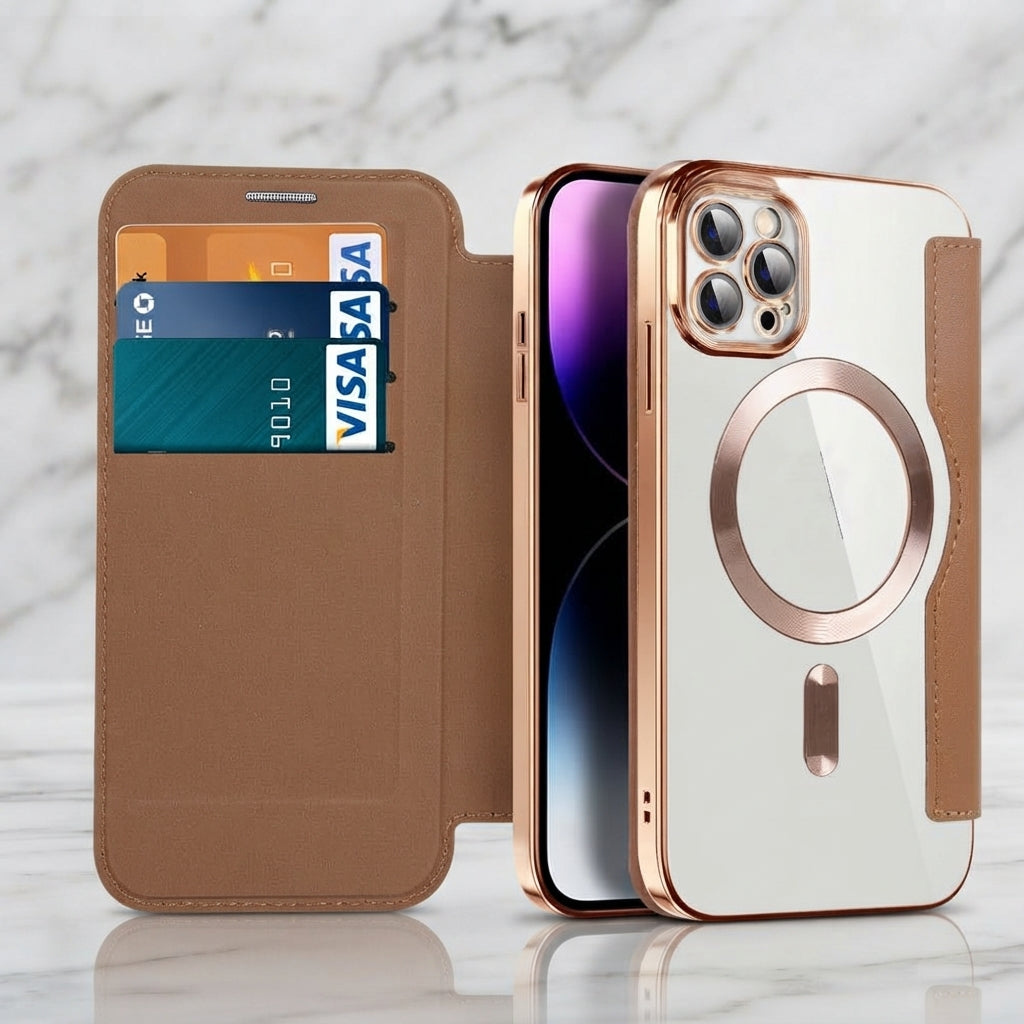 Magnetic leather flip phone case with RFID blocking - brown