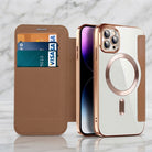 Magnetic leather flip phone case with RFID blocking - brown