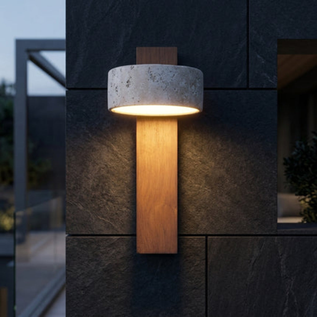 Wall sconce light with rotatable stone shade - walnut colour & beige