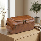 Compact Travel Cosmetic Bag with Multiple Compartments and Hanging Hook - light brown