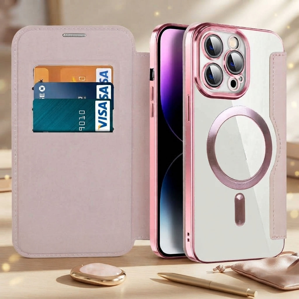 Magnetic leather flip phone case with RFID blocking - pink