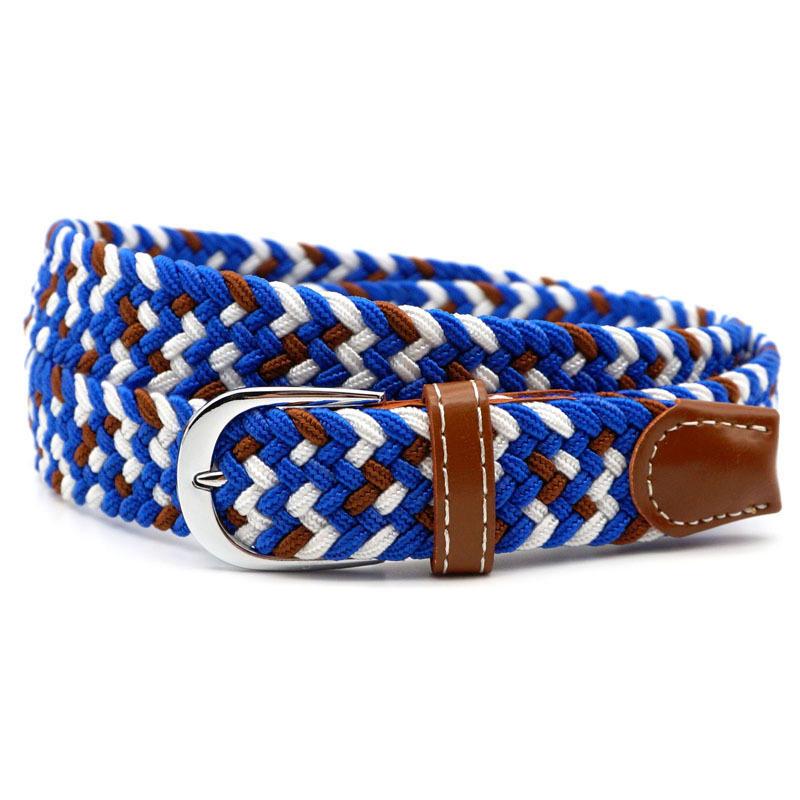 Hole-free elastic belt with metal buckle and woven design - blue white brown