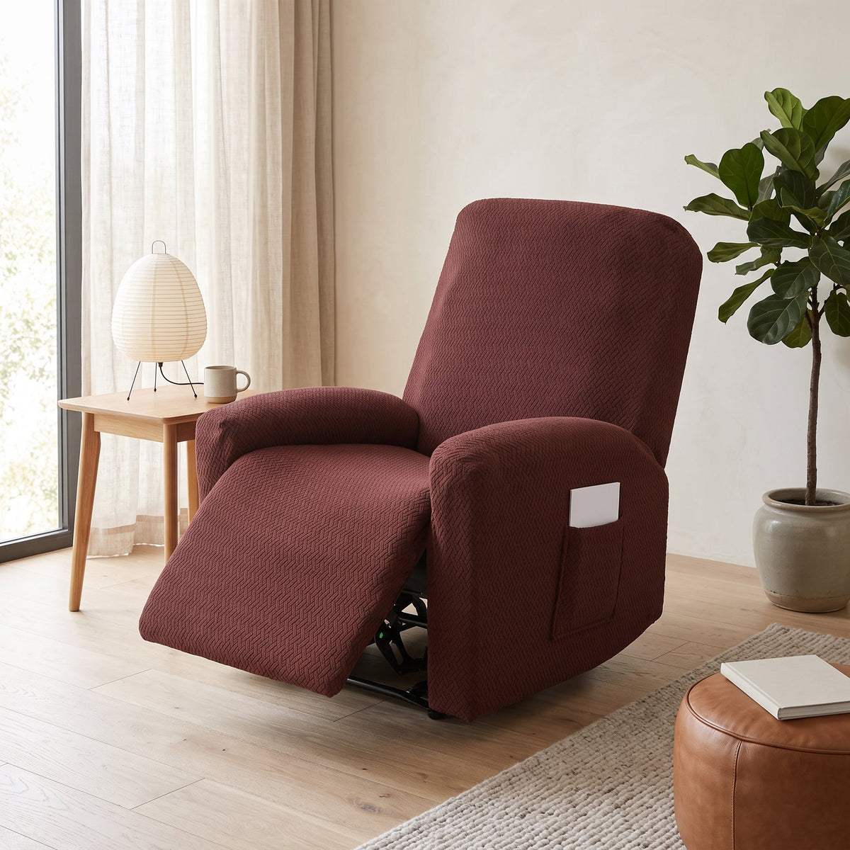 Stretch Armchair Cover With Side Pocket - rust amber