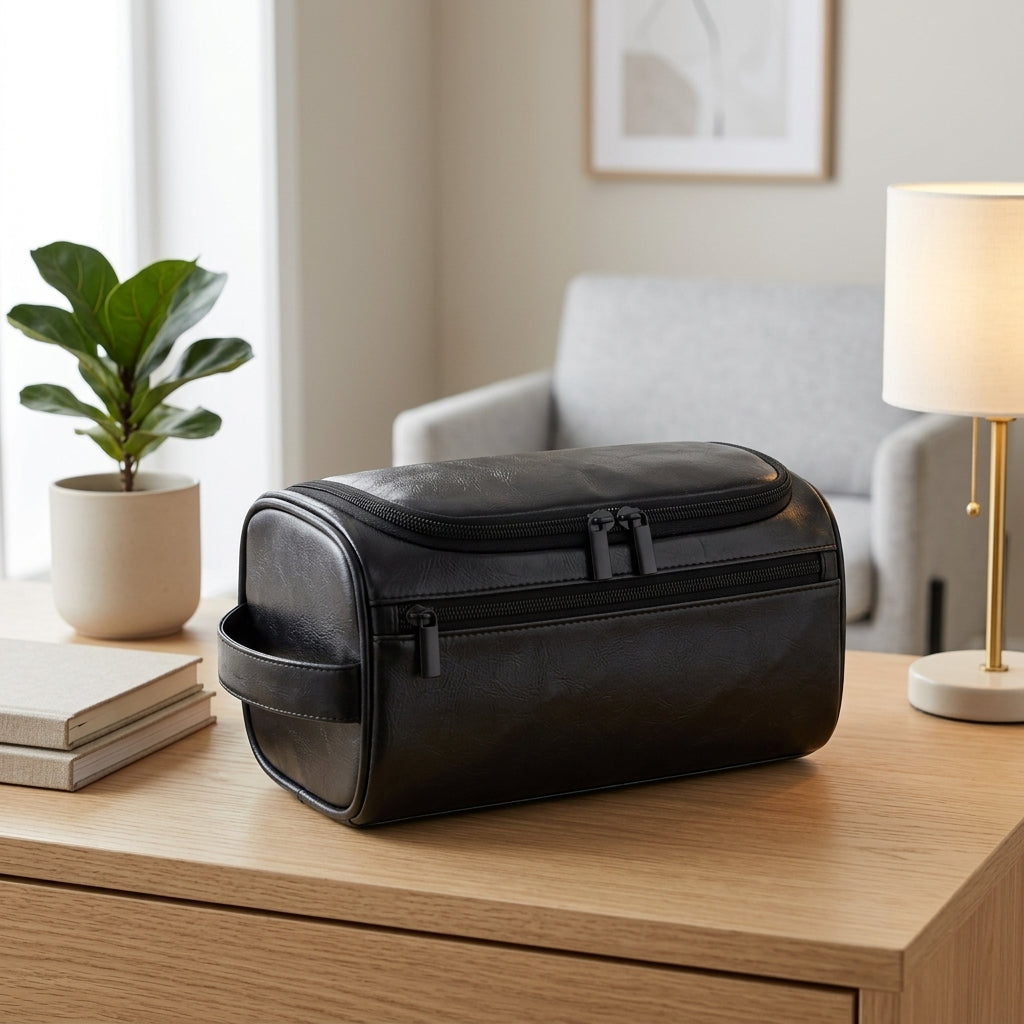 Compact Travel Cosmetic Bag with Multiple Compartments and Hanging Hook - black