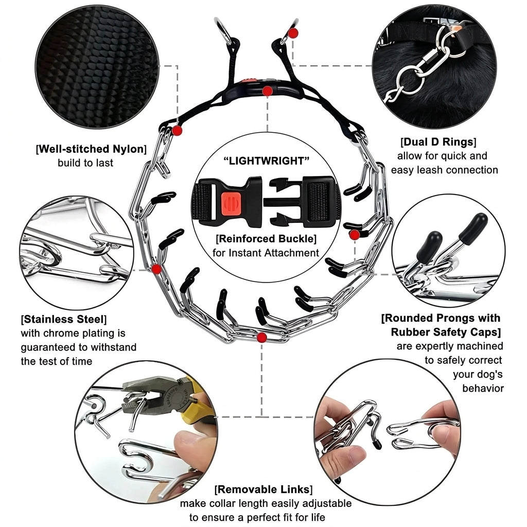 Dog prong collar with nylon cover and D ring