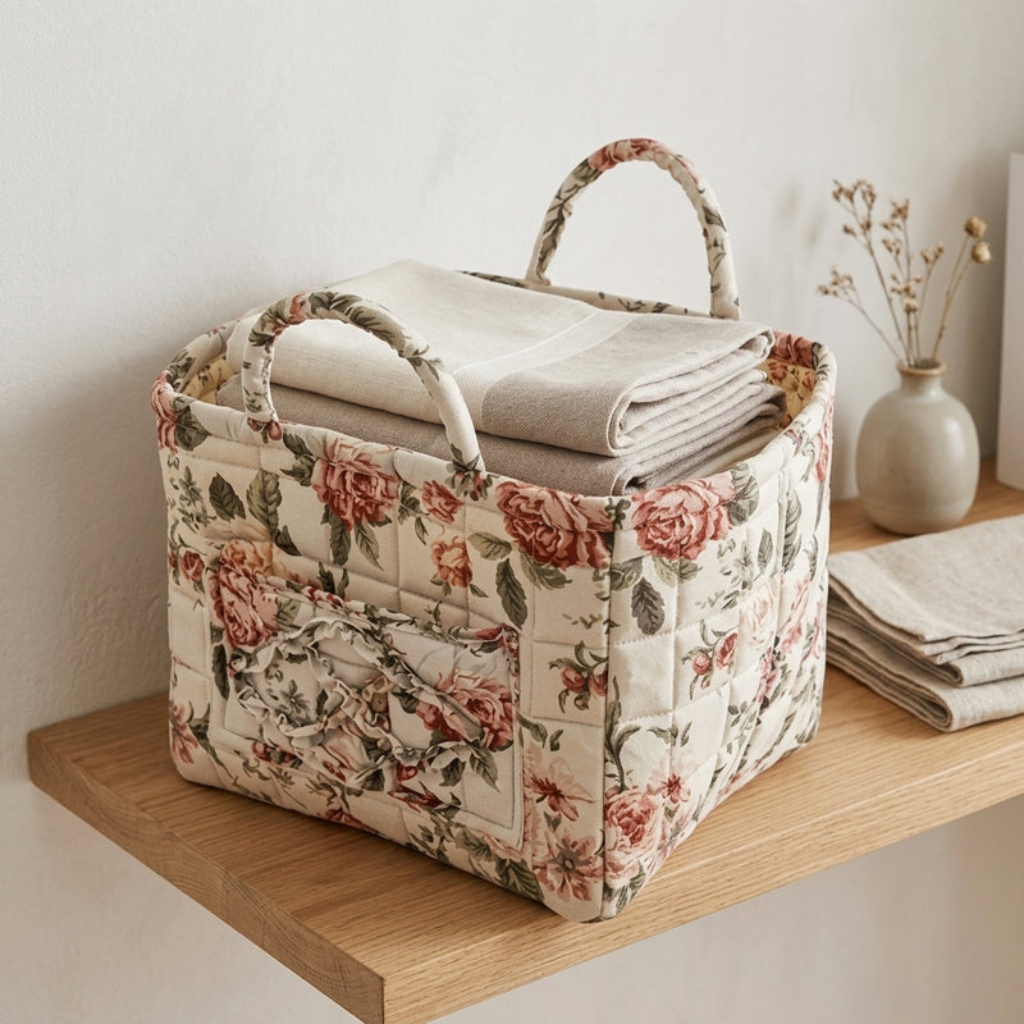 Storage Basket with Floral Pattern and Cotton Handles - meadow